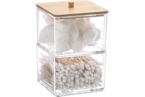 OGANAZI 2 Stück Acryl Wattepads Box Stapelbar Wattestäbchen Behälter Klein Schminktisch Organizer Klar Aufbewahrungsbox mit Bambusdeckel für Beauty-Ei, Kosmetik, Schreibwaren, Haarbänder (Quadrat)