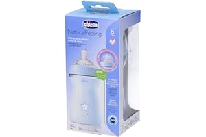 Chicco Butelka Natural Feeling, Antykolkowa, Dla Niemowląt 6 miesięcy + 330 ml, z Miękkim i Elastycznym Silikonowym Smoczkiem, Odpowiednia do Karmienia Naprzemiennego, Przepływ Szybki, niebieska