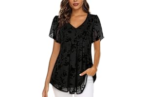 ACDAY Womens Blouses V Neck Ladies Tops Petal Short Sleeve Chiffon Tops Double Layers Mesh Tunic Tops Casual Shirts