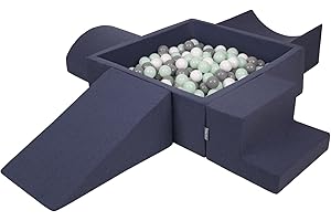 KiddyMoon Aire De Jeux en Mousse avec Carré Piscine À Balles (300 Balles) Fosses À Boules pour Enfants Jouets Parcours Obstacles, Fabriqué en UE, Bleu Foncé:Blanc/Gris/Menthe
