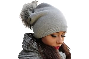 Solvera_Ltd Damen Mütze Winter, Herbst Beanie mit großem Kunstfellbommel, Bommelmütze Frauen Beany Strickmütze Elegante Wintermütze mit Bommel Grau Dunkelgrau Beige Blau Rosa