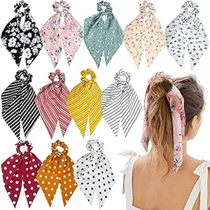 Kulavardhini Hair Scarf Hair Scrunchies Satin Silk Chiffon Floral Hair Scarves Ribbon Scrunchie,Ponytail Scarf Scrunchies for Women Girls (Pack of 3)