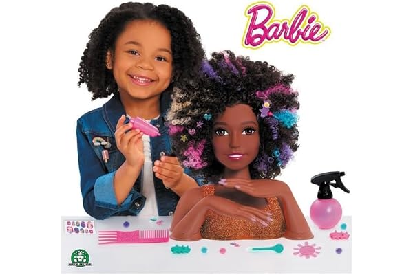 Barbie, Tête à coiffer Affro Style, 27 Accessoires de Coiffure inclus, son Maquillage change de couleur, Jouet pour enfants dès 3 ans, BAR34