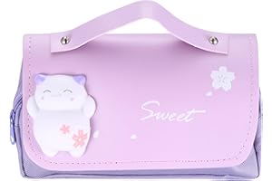 qiwuhai Trousse à Trois Compartiments pour Filles, Grande Trousse à Crayons, Trousse de Rangement Portable avec Mignons Chatons, Cadeau d'école pour Filles, Femmes et Adolescentes (Violet)
