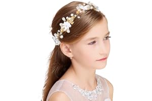 IYOU Perla Princesa Fuente Oro Diamante de Imitación Boda Venda Cumpleaños Paseo Cabello Accesorios por Niñas de las flores y Dama de honor