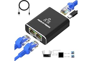 CUTYERBEE Ethernet Splitter 1 to 2 High Speed 1000Mbps RJ45 Ethernet Switch 2 Port Gigabit Network Switch Network Splitter with Type-C Power Cable for Computer, Hub, Switch, Router, Set-Top Box, Digital TV