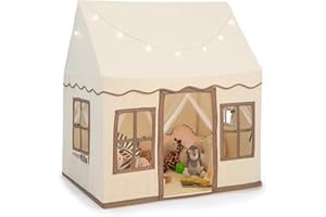 COSTWAY Tente de Jeux Enfant avec Guirlandes Lumineuses Étoiles, Cabane Enfant Interieure avec Tapis Lavable, Rideaux en Filet et 2 Poches Latérales, 3-4 Enfants, Style Princesse, 121 x 101 x 137 cm