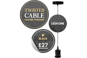 LEDSone Vintage Matt Black E27 Pendant Light Fitting – 1m Twisted Braided Cable Ceiling Lamp Holder Kit for Indoor Hanging Lighting in Kitchen, Dining Room, Bar, Café, Loft