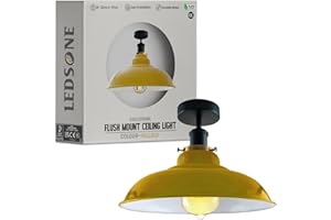 LEDSone Lámpara de techo industrial vintage semiempotrada, lámpara de techo con forma de cuenco de metal, pantalla de lámpara negra, decoración interior de sala de estar, base E27 (Amarillo)