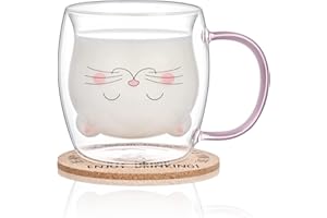 Joymaking Słodka filiżanka z kotem, szklanki termiczne z podwójnymi ściankami, szklanki z uchwytem i podstawką, filiżanki do cappuccino, szklanki do herbaty, filiżanki do kawy, prezenty dla kobiet,
