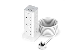 TESSAN 12 Way Tower Extension Lead 5M with USB C Slots(13A 3250W) | Plug Extension Socket with 3 USB Ports, Multi Plug with Switch, Power Strip for Office, Home, School, Kitchen Supplies