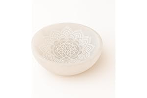 ONLY FAITH Placa redonda de Selenita Natural, 10 cm, Disco de carga circular cristal con Grabados Místicos, para Meditación y Energía, Nudo de Bruja, 7 Chakras, Flor de la Vida, Mandalas (Cuenco con Mandala)