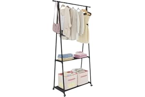 ACCSTORE Freestanding Metal Coat Rack with 2 Lower Storage Shelves and on Wheels, Black