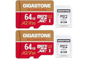 Gigastone Karta pamięci 64 GB, 2 karty, 4K Pro Camera, kompatybilna z GoPro Switch, prędkość 95 MB/s, karta A2 U3 V30 Micro SDXC z adapterem SD.