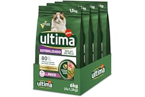 Ultima Esterilizado Bolas de pelo Pavo, Comida seca para gatos, Pack de 4 x 1,5kg, Total 6kg