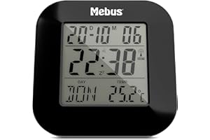 ‎MEBUS Mebus digitaler Funkwecker mit Thermometer, Datumsanzeige und Beleuchtung, Snooze-Funtion, Material: Kunststoff, Farbe: Schwarz, Modell: 51510, 8 x 8,5 x 1,8 cm