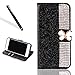 Produktbild Diamant Hülle für iPhone 5S 5,Bling Glitzer Hülle für iPhone SE,Leeook Luxus Noble Sparkle Schwarz Strass Kristall Diamand PU Leder Handyhülle Schutzhülle Tasche Klapphülle Flip Folio Case Glitzer Book Stand Wallet Hülle Cover ID Card Karte Etui Skin Shell Handytasche Bumper mit Schmetterling Magnetverschluß für iPhone 5S/SE/5 + 1 x Schwarz Eingabestift-Black