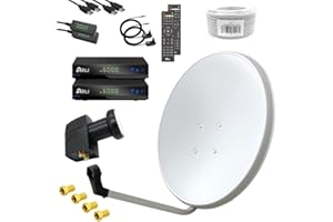 Digital Satellite System 60 cm Mirror Including 2x ARLI AH1 Full HD Receiver + Twin LNB + 50 m Coaxial Cable + 4 F Plug Gold-Plated 2 Participant Set Antenna Light Grey/White Satellite Dish Digital