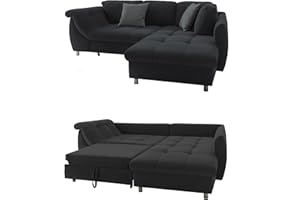 ‎LUMA-HOME SCHÖNES FÜR DEIN ZUHAUSE Modernes Ecksofa mit Schlaffunktion u.Bettkasten, Wellenunterfederung, gemütliches L-Sofa 250 x 190 cm, Longchair Ottomane rechts, Couch m.Microfaser-Stoff Anthrazit Schwarz, 2 Zierkissen Grau / 17113