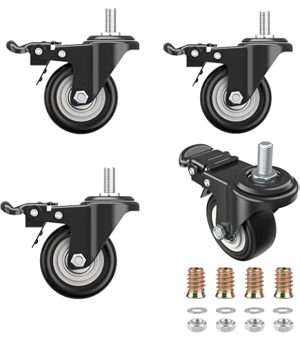 4 Stück 50mm Rollen mit Bremse, M8 X 25mm Lenkrollen mit Gewinde, Tragkraft 240 kg, Möbelrolle Schwerlast, Stabdurchmesser: 8 mm Stablänge