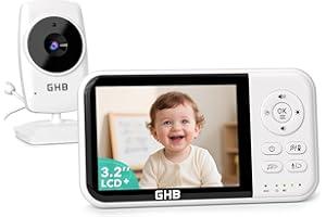 GHB Baby Monitor with Camera and Night Vision, 3.2 Inch Screen, 2-Way Audio, Temperature Sensor, 2X Zoom, Lullabies, Feeding Reminder, ECO Mode