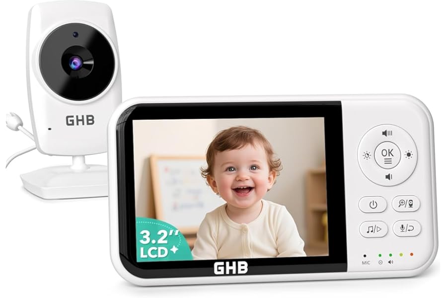 GHB Baby Monitor with Camera and Night Vision, 3.2 Inch Screen, 2-Way Audio, Temperature Sensor, 2X Zoom, Lullabies, Feeding Reminder, ECO Mode