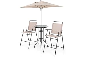 TANGZON Folding Bistro Set, Outdoor Garden Bar Table and Chairs Set with Tempered Glass Tabletop & Umbrella Hole, 3/4 Pieces Garden Furniture Set for Porch Deck Balcony (4PCS, With Parasol)