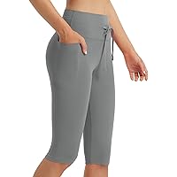 WILLIT Knielange capribroek voor dames, capribroek met zakken, hoge taille, voor de zomer, yoga, workout, zwart, L
