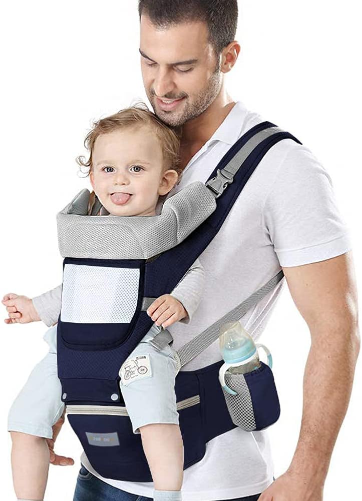 Azeekoom Mochila Portabebés Ergonómica con Asiento de Cadera, Multiposición Dorsal Ventral, Algodón Ligero y Transpirable para Bebés y Niños de 0-48meses (3.5 a 25 Kg)