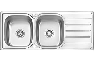 JASSFERRY 1160 x 500 mm Large Kitchen Sink Stainless Steel Matt Finish Inset Double Bowl Reversible Drainer with UK Standard Waste Strainer Pipe Kit