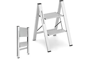 GYMAX Escabeau 2 Marches en Aluminium, Marchepied Pliable avec Pédale Large & Pieds Antidérapants, Charge 150 kg, Portable & Léger, pour Maison, Bureau, Garage