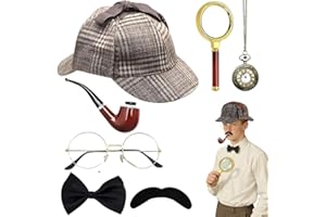 KUWUNG 7 Stück Detektiv Kostüm Zubehör Set, Sherlock Holmes Kostüm Accessoires mit Detektivhut Metallbrille Lupe Herrenfliege Bart, Detektiv Cosplay Requisiten für Kinder Erwachsenen