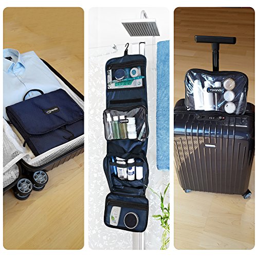 Travando ® Premium Kulturtasche zum Aufhängen + Transparente Reißverschlusstasche / Kosmetiktasche + 7 Flüssigkeiten-Behälter | Faltbarer Kulturbeutel für Herren , Damen - 7