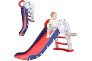 FUKEA 3 in 1 Toddler Slide, Folding Baby Slide Climbing Frame with Basketball Hoop, Indoor Outdoor Kids Garden Slides, Freestanding Slide for Toddlers Age 1-3