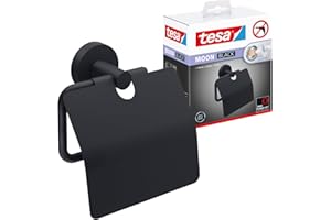 tesa Moon Black Toilettenpapierhalter mit Deckel, matt schwarz - WC-Rollenhalter zur Wandbefestigung ohne Bohren, inkl. Klebelösung - 53 mm x 140 mm x 128 mm