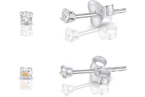 DTPsilver® 2 Pares de Semental Pendientes/Aretes de Plata de Ley 925 con Cristales Swarovski® Elements Minúsculos Redondos - Diámetro: 2 mm - 1 Par Cristal Claro + 1 Color