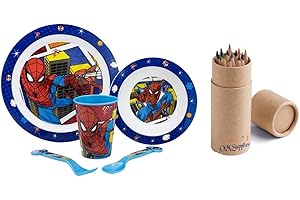 OM SUPPLIES Spiderman Cartoon Character Dinner Tableware Set 5pcs Plate, Bowl, Cup & Cutlery, BPA Free re-usable Plastic Microwave Safe Includes Half Size 12pcs Pencil Set (Spiderman)