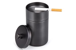 HONZUEN Cendrier En Acier Inox avec Couvercle, Ashtray Outdoor Coupe-vent et Imperméable Facile à Nettoyer Beau Cendriers Épaissi Anti Odeur pour Exterieur Auto Balcon Maison Restaurant, Noir