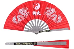 LEOPACAT Abanico de mano plegable grande, de acero inoxidable Tai Chi Artes marciales Abanico de mano Escrito Kung Fu Dragones duales Práctica de danza Entrenamiento Abanicos de rendimiento Estilo chino