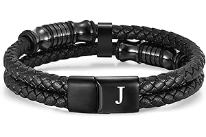 TOLOWOBK Mens Leather Bracelet Engraved A-Z Letters, Initial Bracelet for Men Gifts for Dad Son Husband Brother Double Layer Leather Bracelets for Men Boys Christmas Anniversary Birthday Gifts