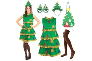 Runstarshow Christmas Tree Costume Adult Womens Fancy Dress Outfits 5 Piece Sparkly Xmas Tree Dress + Headband + Glasses + Stockings + Hand Bag UK Sizes 8-16 (M-XL)