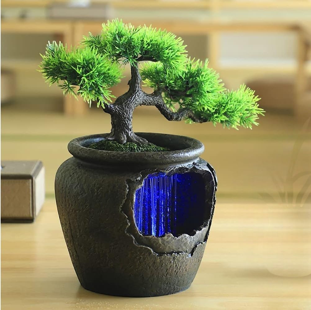 Seven Moon Tabletop Water Fountain Bonsai Flower Pot Design Home Decor Ornaments for The Living Room Office Desktop Waterfall