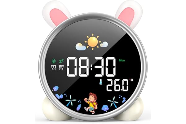 LEMNOI Reveil Enfant Réveil Educatif Jour Nuit 5 Couleurs Reveil Digital Lumineux LED Lampe de Chevet Tactile Enfant avec Musique,Double Alarme,Température,Fonction Snooze (Lapin)
