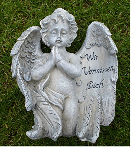 Engel mit Flügel Grabschmuck Grabdeko *Wir vermissen dich* grau-antik, 20 cm - 2