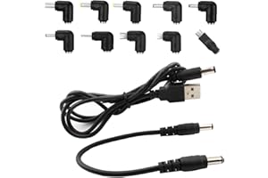 VISSQH Cavo di Alimentazione da USB a DC,10 in 1 Adattatore di Alimentazione DC 5.5x2.1 mm Femmina a Maschio Jack Connettore,Barrel Tips DC per laptop,altoparlanti,router,ecc(angolo retto)