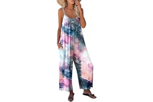 Buetory Floral Flowy Wide Leg Jumpsuits for Women Loose Sleeveless Spaghetti Strap Stretchy Long Pant Overalls Rompers Playsuit