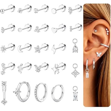 Boucles D’oreilles à Clip – Faux Piercing Créole Avec Chaîne Et Zirconium – Plaqué Or Ou Argent