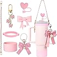 Decorative Accessories for Stanley Cup 7Pcs Include Bow Series Dustproof Straw Cover Charms and Same Color Silicone Base Handle Strap Apply to Stanley Cup 30/40oz (Pink)