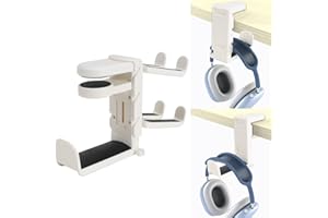 Minnhua Soporte Auriculares Gaming Soporte para Cascos con 2 Ganchos giratoria de 360° Soporte para Cascos Debajo Escritorio Soporte para auriculares con Abrazadera Ajustable Clip para Cable(Blanco)
