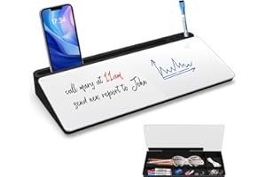 Sliandtelly Desktop Whiteboard with Storage, Dry Erase Glass White Board Organizser for Easy Write & Clean on Work Desk, Reusable Notice Board with Black Drawer for Home Office Accessories, 3 Markers